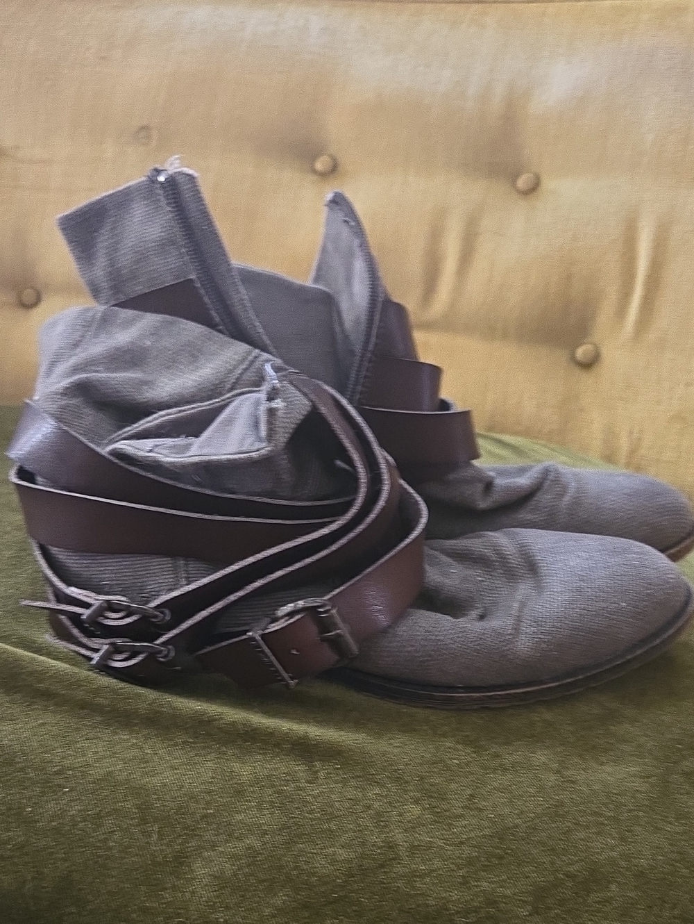 Blowfish Gray Canvas Ankle Boots with Brown Faux Leather Straps